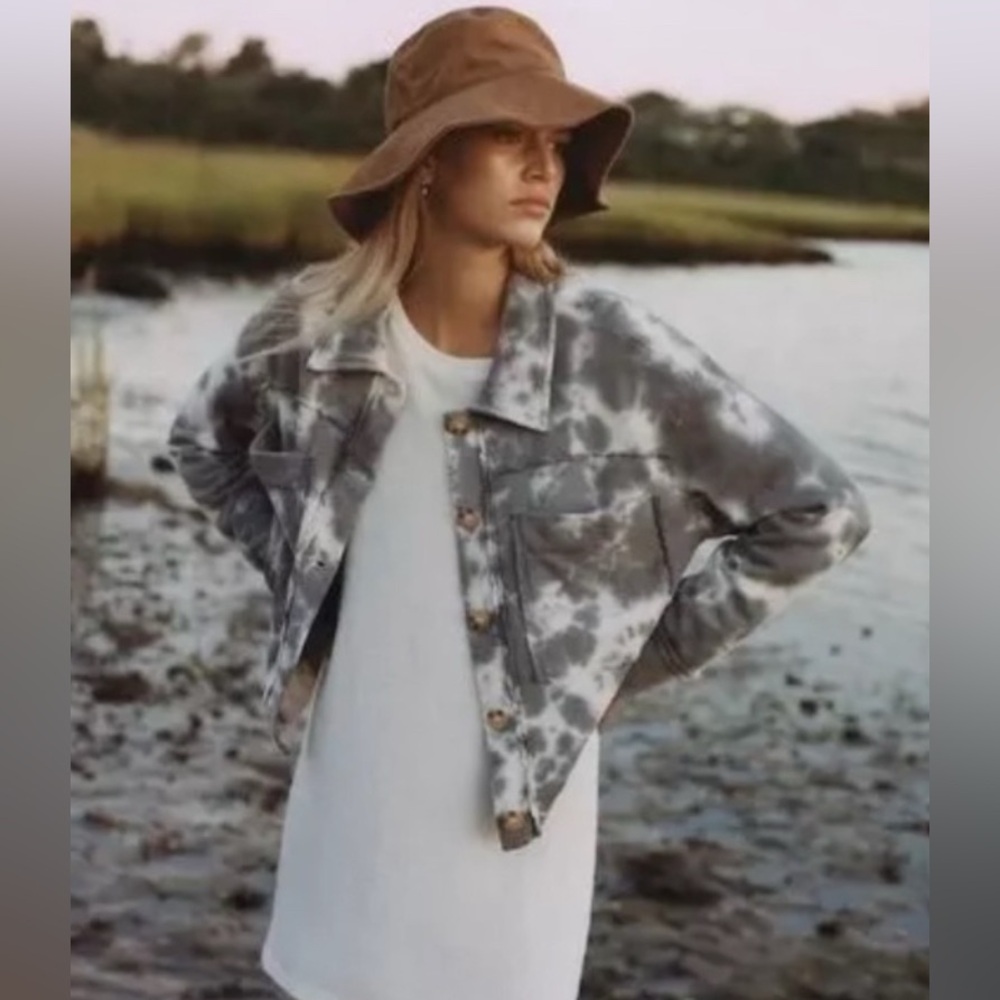 Anthropologie T.La Tie Dye Cropped Shirt Jacket Women Medium Gray Shacket